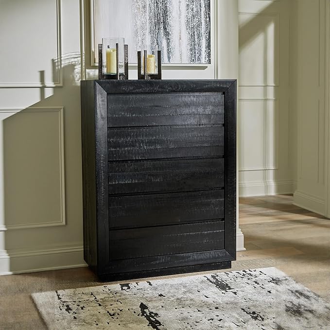 Signature Design by Ashley Londer Casual 5-Drawer Chest of Drawers with Safety Stop and Felt Lined, Black