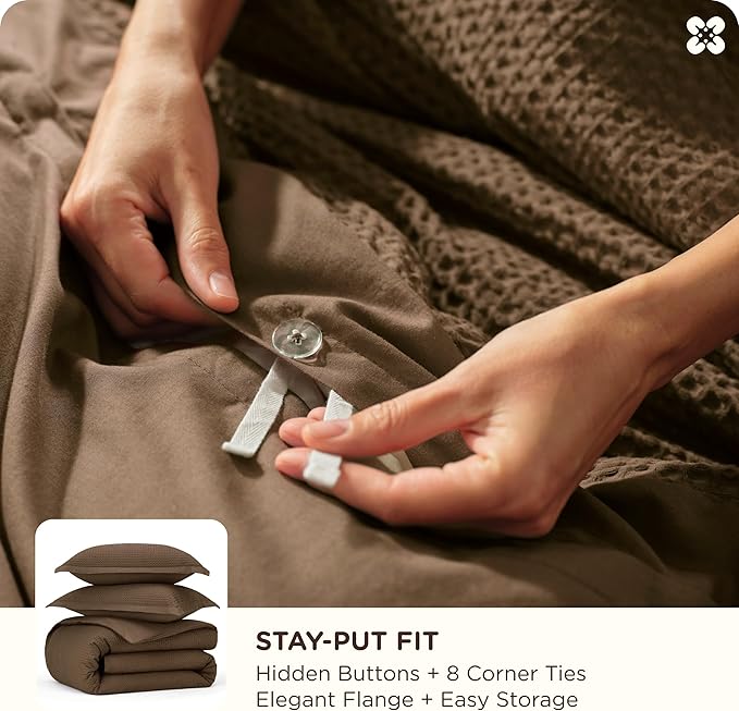 Bedsure Cotton Duvet Cover Queen Size - 100% Cotton Waffle Weave Brown Duvet Cover Queen Size, GentleSoft™ and Breathable Bedding Set for All Season, 3 Pieces, 90"x90"