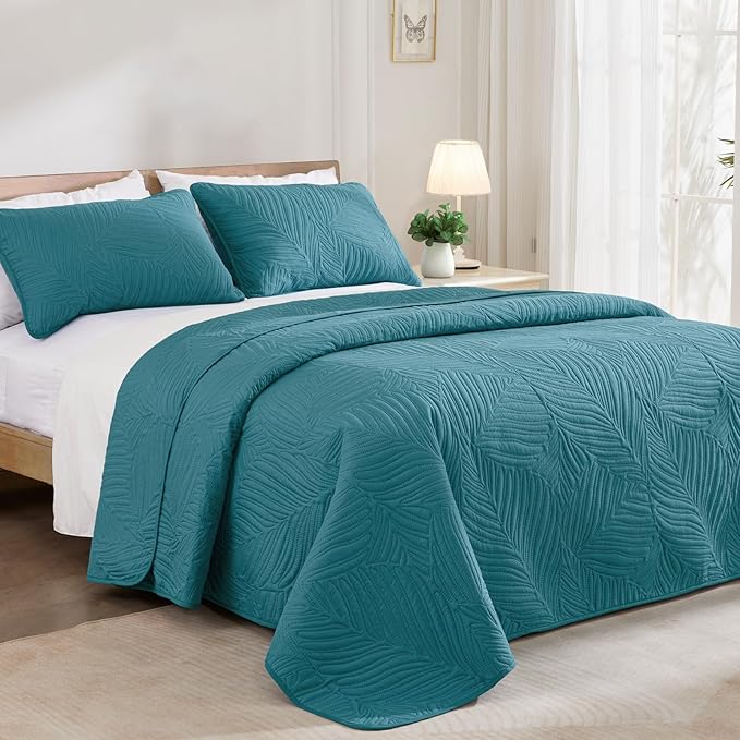 Exclusivo Mezcla Twin Quilt Bedding Set, Lightweight Teal Quilts Twin Size for All Seasons, Soft Microfiber Bedspreads Coverlets Bed Cover with Leaf Pattern, 2 Piece