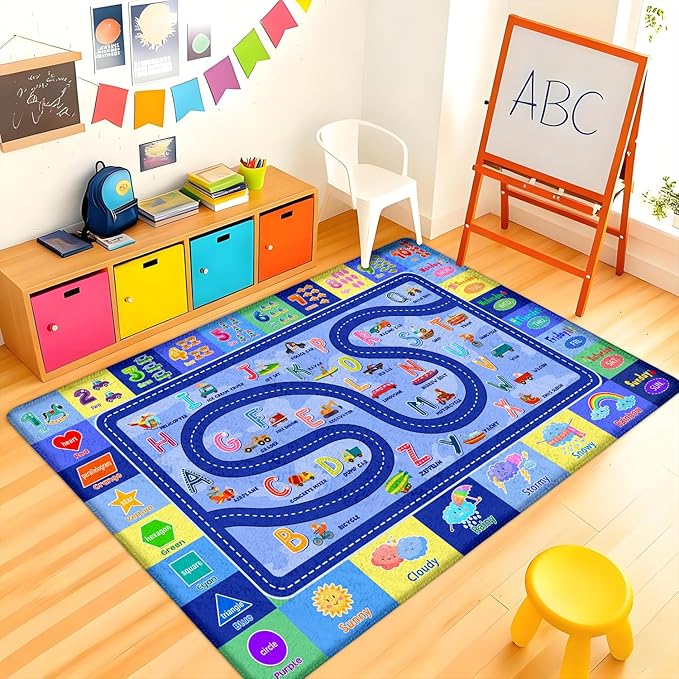 Kids Rug for Playroom, Educational Classroom Rug for Kids Room, Washable Nursery Rugs, Soft Non-Slip Play Mat for Learning ABC Carpet, Vehicles, Numbers, Animals, Colors, Shape, Season 4x6 Feet