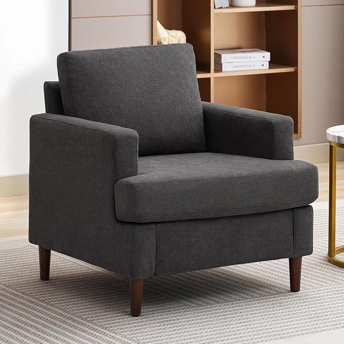 Mid-Century Accent Chair,Modern Linen Fabric Armchair for Living Room,Comfy Upholstered Reading Accent Chairs for Bedroom,Single Sofa Chair with Wood Legs (Dark Grey, 1 Pack)