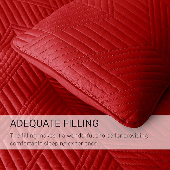 Exclusivo Mezcla Ultrasonic Full Queen Quilt Bedding Set, Lightweight Red Bedspreads Soft Modern Geometric Coverlet Set for All Seasons (1 Quilt and 2 Pillow Shams)
