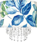 Blue Leaf Tropical Leaf Lamp Shade with Acrylic Bead Droplets, Drum Fabric Light Shade for Ceiling Pendant Table or Floor Lamps, Botanical Nature Home Decor, 11.8in