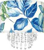 Blue Leaf Tropical Leaf Lamp Shade with Acrylic Bead Droplets, Drum Fabric Light Shade for Ceiling Pendant Table or Floor Lamps, Botanical Nature Home Decor, 11.8in