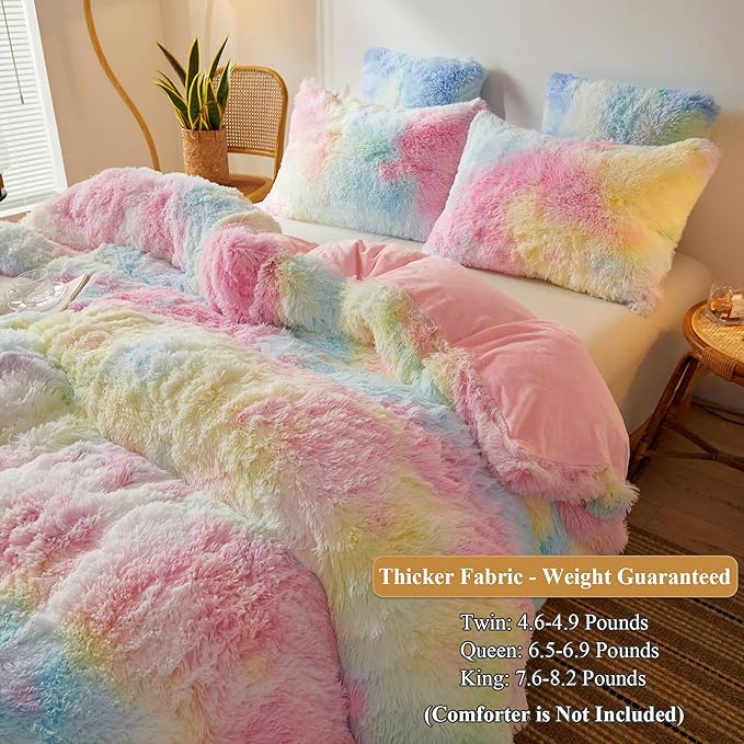 XeGe Plush Shaggy Rainbow Duvet Cover Set, 3 Pieces Soft Fluffy Furry Tie Dye Bedding Set(1 Multicolor Faux Fur Fuzzy Comforter Cover + 2 Pillowcases), Zipper Closure(Queen Size, Rainbow)