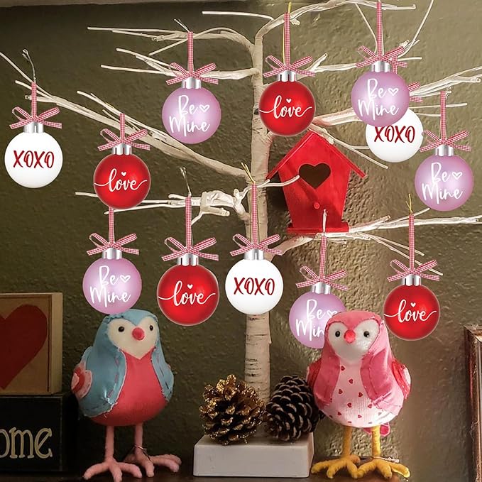 Valentines Tree Decorations, 12 Pcs Valentine Ornaments for Tree, Valentine's Day Hanging Ornament for Christmas Tree, Red Pink White Plastic Ball Ornaments