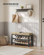 SONGMICS Shoe Bench, Storage Bench, Entryway Bench with Cushion, Shoe Shelf with Seat, Space-Saving, Modern Style, for Living Room, Bedroom, Hallway, Camel Brown and Ink Black ULBS057K01