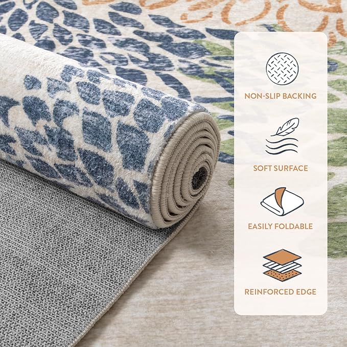 Dahlia Floral Washable Rugs, 8x10 Area Rugs for Bedroom,Boho Multicolored Ultra Thin Living Room Rug,Large Fall Soft Non Shedding Throw Carpet for Dining Room Classroom Dorm,Multi