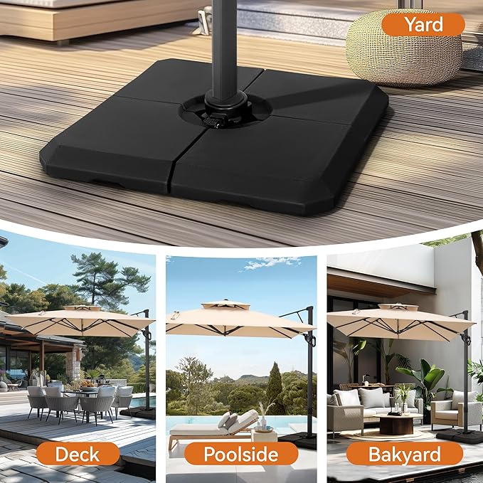 PHI VILLA Cantilever Patio Umbrella Base Weight 4 PCS, HDPE Heavy Duty Square Design, 317 lbs Filled Weight, Offset Patio Umbrella Stand for Poolside Backyard, Black