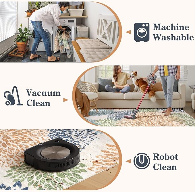 Dahlia Floral Washable Rugs, 8x10 Area Rugs for Bedroom,Boho Multicolored Ultra Thin Living Room Rug,Large Fall Soft Non Shedding Throw Carpet for Dining Room Classroom Dorm,Multi
