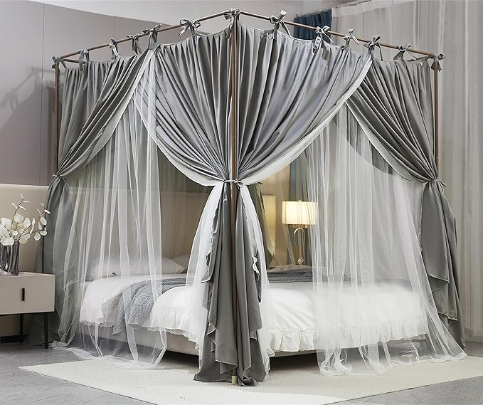 4 Corners Post Princess Curtain Bed Canopy Double Layer Cozy Mosquito Net Mesh and Cloth for Girls Adults Bedroom Decoration (Double-Grey/White, 64" W*82" L*82"*H/(Queen))