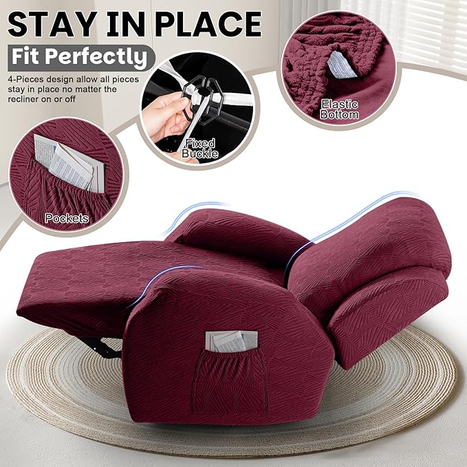 VANSOFY Recliner Chair Covers, 4-Pieces Stretch Recliner Cover Jacquard Soft Reclining Chair Slipcover Furniture Protector with Elastic Bottom for Lazy Boy Recliner(Wine)