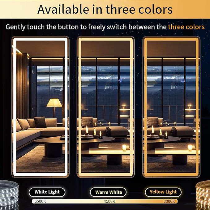 76"x34" LED Full Length Mirror – Standing Floor Mirror with Dimmable Lights 3 Color Modes – Adjustable Brightness, Wall-Mount or Lean for Barber, Fitness Center, Dressing Room, Vanity