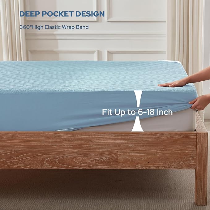 BEDLORE Waterproof Mattress Protector, Cal King Size Mattress Pad with Deep Pocket 6"-23" Depth, Soft Dirt-Proof Double Bed Mattress Cover for Bedroom, College Dorm, Hotel (Sky Blue)