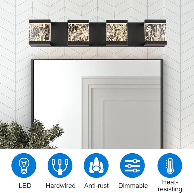 MELUCEE 4 Lights LED Bathroom Vanity Light with Unique Smoke Acrylic Panel Modern Vanity Lighting Black Bathroom Light Fixtures Wall Sconce for Bath Powder Room Entryway, 20W 3000K Warm Lighting