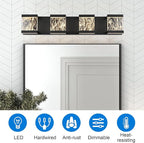 MELUCEE 4 Lights LED Bathroom Vanity Light with Unique Smoke Acrylic Panel Modern Vanity Lighting Black Bathroom Light Fixtures Wall Sconce for Bath Powder Room Entryway, 20W 3000K Warm Lighting