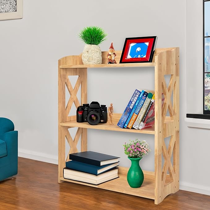 Natural Bookcase by Natural Wood, 3 Tier Bookshelf, Small Book Shelves Freestanding Display Storage Shelves. Open Bookshelf for Bedroom, Living Room and Office (Natural, 3 Tier)