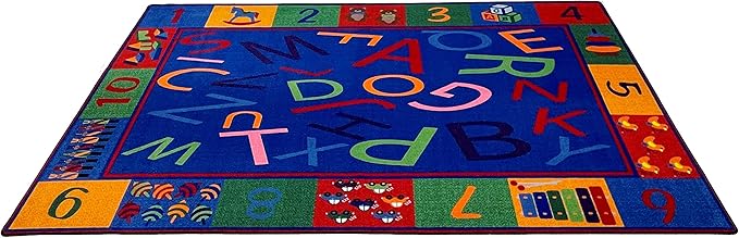 KIDCARPET.COM Alphabet and Numbers Rectangle Classroom Rug | Bordered Area Rug for Preschool Daycare Learning, 6' x 8'6"