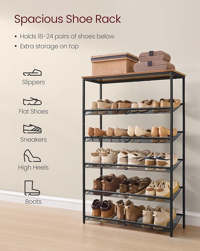 VASAGLE Shoe Rack for Entryway, 6-Tier Shoe Rack Organizer with Storage Shelves and Spacious Top, Freestanding, Adjustable, Industrial, Rustic Brown and Ink Black ULBS044KD01