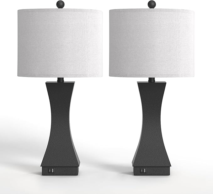 24.5" Modern Table Lamp Set of 2, 3-Way Dimmable Bedside Lamps with USB C & A Charging, Farmhouse Resin Nightstand Lamps with Beige Linen Shade for Bedroom, Living Room, Home Office (Black)