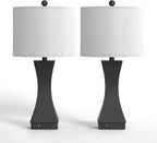 24.5" Modern Table Lamp Set of 2, 3-Way Dimmable Bedside Lamps with USB C & A Charging, Farmhouse Resin Nightstand Lamps with Beige Linen Shade for Bedroom, Living Room, Home Office (Black)