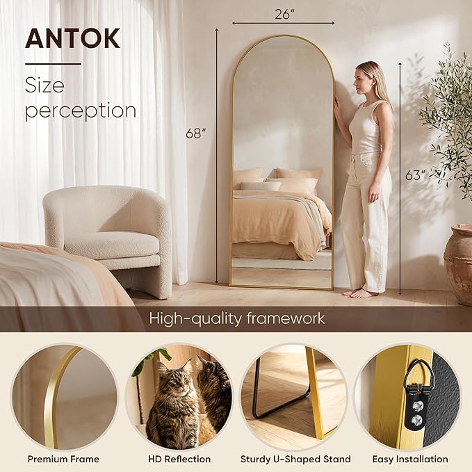Antok Full Length Mirror, 68"x26" Floor Mirror, Arched Floor Standing Freestanding Arch Full Body Mirrors with Stand for Bedroom, Hanging Mounted for Living Room Cloakroom,Gold