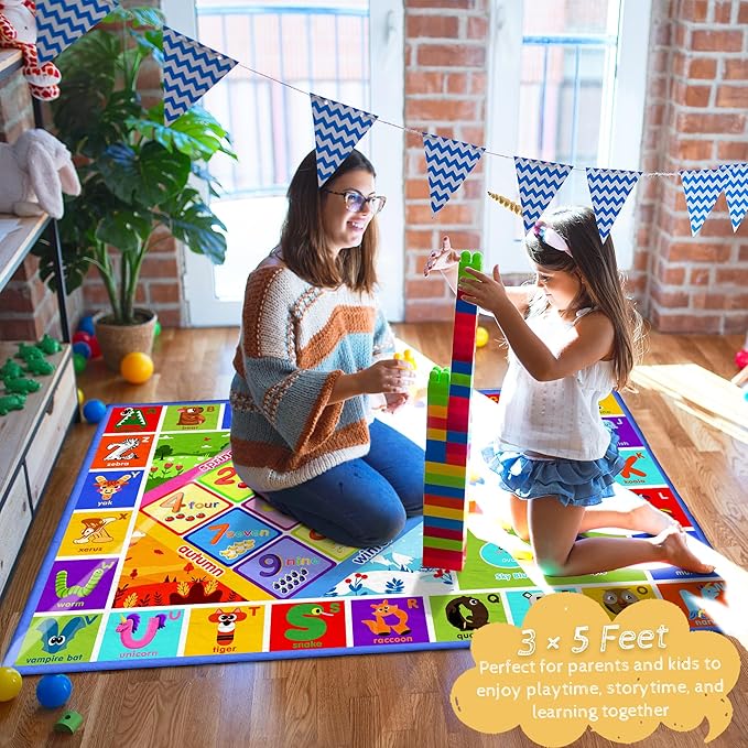 3x5 Small Kids Classroom & Playroom Rug - ABC Alphabet Educational Area Rug with Animals Numbers & Shapes - Washable Non-Slip Carpet Playmat for Nursery Preschool & Reading Area