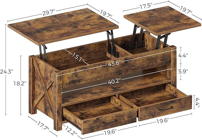 Seventable Coffee Table, 47.2" Lift Top Coffee Table with 2 Storage Drawers and Hidden Compartment, Farmhouse Center Table with Wooden Lift Tabletop, for Living Room,Rustic Brown