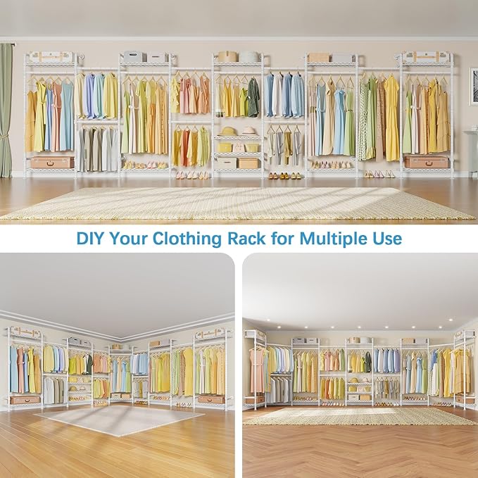 Timate U4 U Shape Garment Rack Heavy Duty for Hanging Clothes, Expandable Industrial Pipe Clothing Rack Wall Mount, Extra Large Walk in Closet System With White Kit
