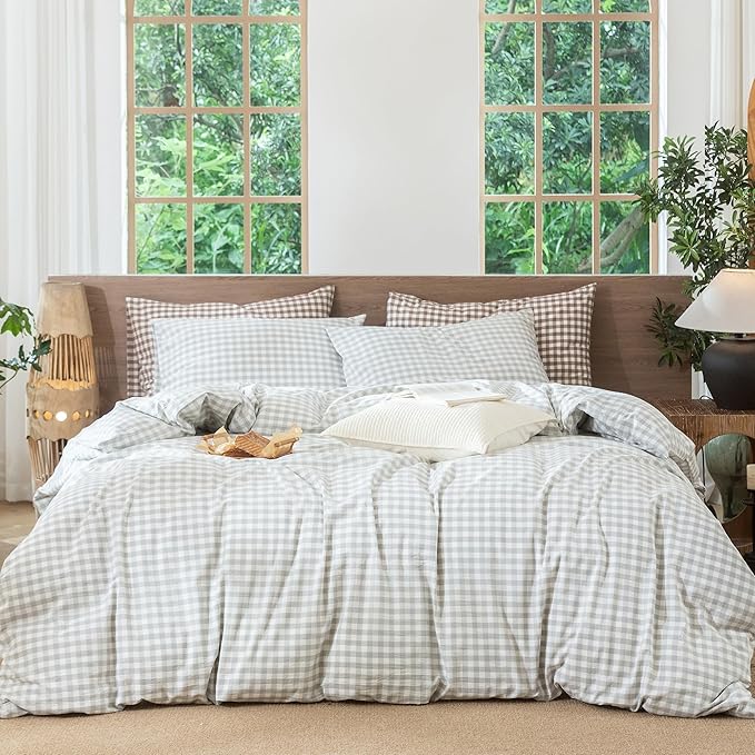 MooMee Gingham Duvet Cover Set 100% Washed Cotton Linen Like Textured Breathable Durable Soft Comfy Modern Checkered Design (Northern Droplet Grey Gingham, Palatial King/Oversized King 120"x98")
