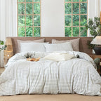 MooMee Gingham Duvet Cover Set 100% Washed Cotton Linen Like Textured Breathable Durable Soft Comfy Modern Checkered Design (Northern Droplet Grey Gingham, Super King 108"x98")