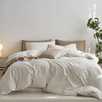 MooMee Striped Duvet Cover Set 100% Washed Cotton Linen Like Textured Breathable Durable Soft Comfy (White Tannish Linen Grey Wide Stripes, Palatial King/Oversized King 120"x98")