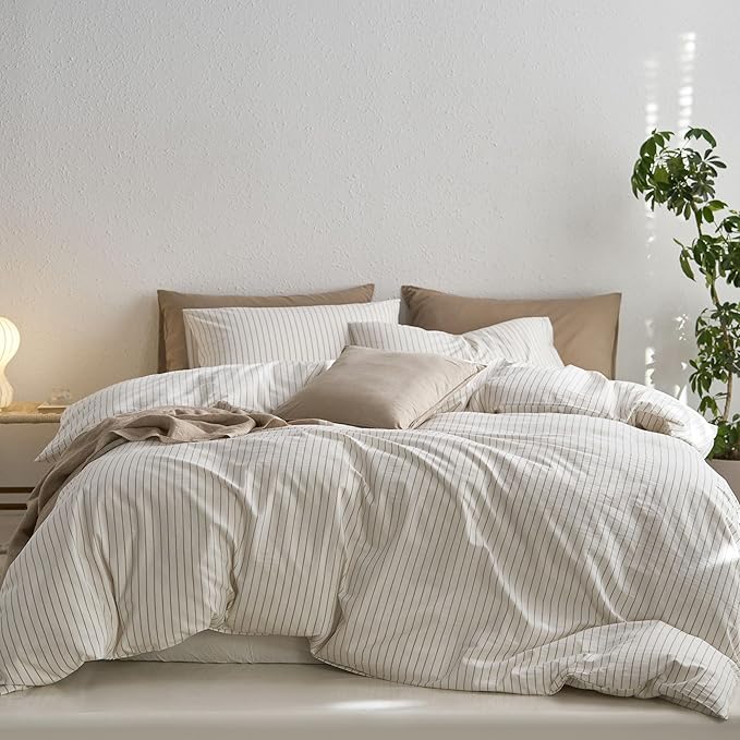 MooMee Striped Duvet Cover Set 100% Washed Cotton Linen Like Textured Breathable Durable Soft Comfy (White Tannish Linen Grey Wide Stripes, Full 80"x90")