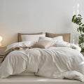 MooMee Striped Duvet Cover Set 100% Washed Cotton Linen Like Textured Breathable Durable Soft Comfy (White Tannish Linen Grey Wide Stripes, Alaska King 132"x120")