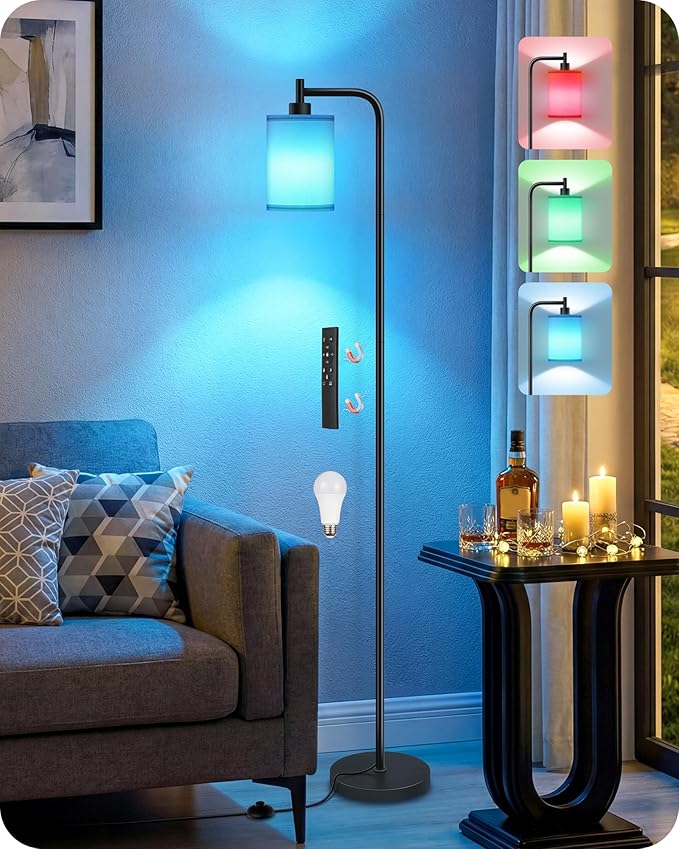 RGB Floor Lamp for Living Room with Remote and Foot Switch, Modern Standing, Dimmable Corner Lamp,10W Bulb 3 Color Temperatures, for Bedroom, Office, Corner, ETL Listed, White RCW19LD05