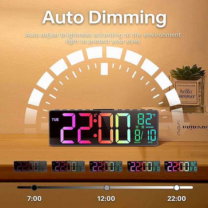 JALL 10.5'' Digital Large Alarm Clock with 8-in-1 RGB Colors, Date, Month, Temperature LED, Auto DST, Modern for Desk, Wall, Living Room, Bedroom, Birthday Xmas Gift (Black, 10.5 inches)