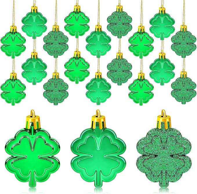 JULMELON 24 PCS St Patricks Day Four Leaf Clover Ornaments for Tree, Mini Green Lucky Four Leaf Shamrock Hanging Irish Saint Patricks Day Tree Decorations for Home Kitchen Party Decor