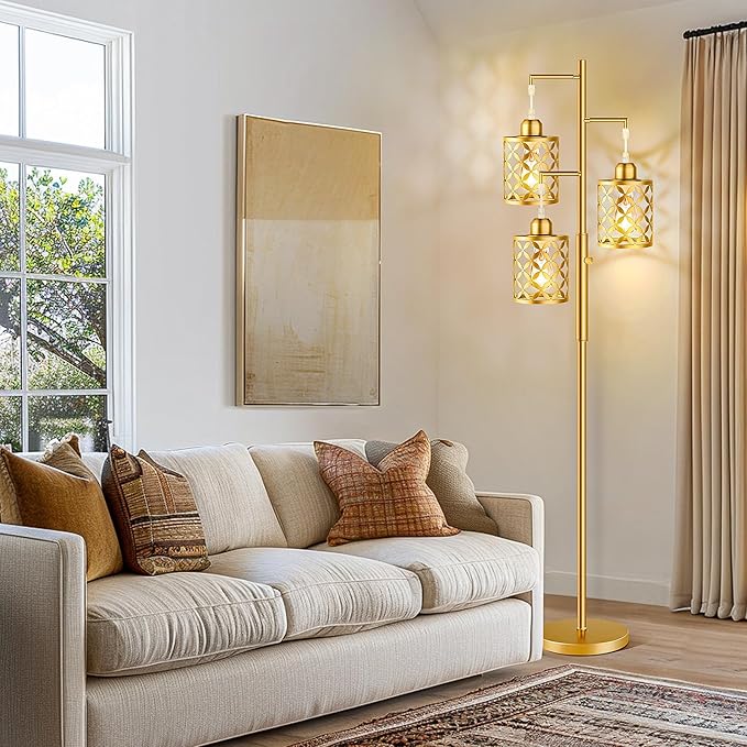 【Upgraded】72" Tall Dimmable Floor Lamp, Modern Standing Lamp with Elegant Metal Cages, Industrial Tree Floor Lamps for Living Room, Bedroom, Study Room, Office (3 x 800LM LED Bulbs Included) - Gold