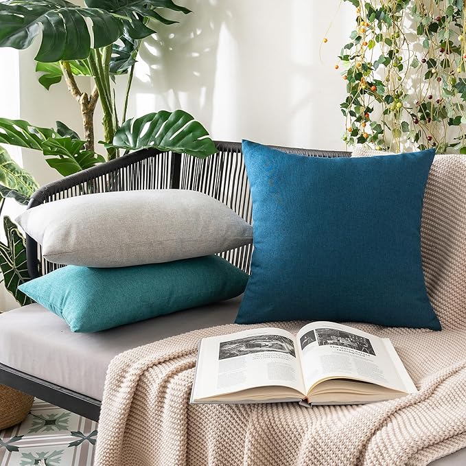 MIULEE Pack of 2 Decorative Outdoor Solid Waterproof Throw Pillow Covers Faux Linen Garden Farmhouse Coastal Cushion Cases for Summer Patio Tent Balcony Couch Sofa 12x12 Inch Blue