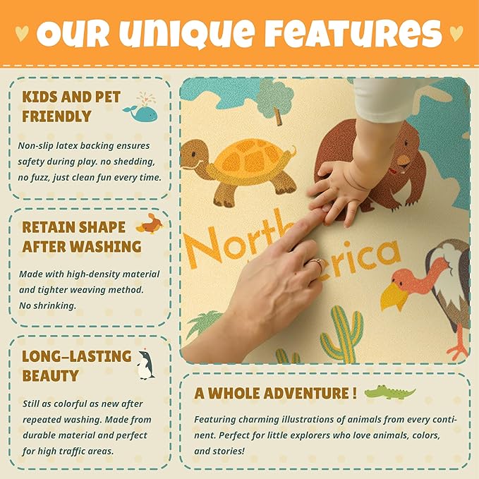 Washable Large Kids Playroom Rug with Animal – 5x8 Educational World Map Play Mat for Kids Room – Non-Slip, Stain Resistant, Soft & Safe for Baby, Nursery, Classroom or Bedroom - Blue Ocean