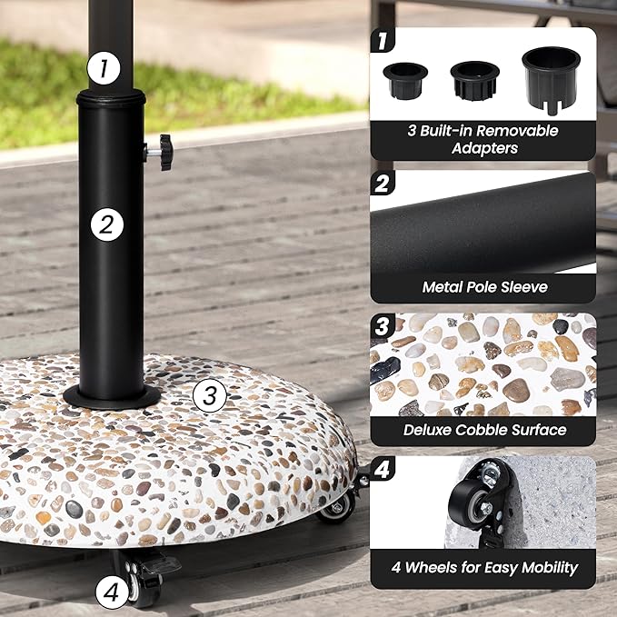 Crestlive Products 45lbs Umbrella Base with Wheels, Patio Umbrella Stand Heavy Duty, Round Cobble Cement Market Umbrella Base for Outdoor, Deck, Lawn, Garden(Cobblestone)