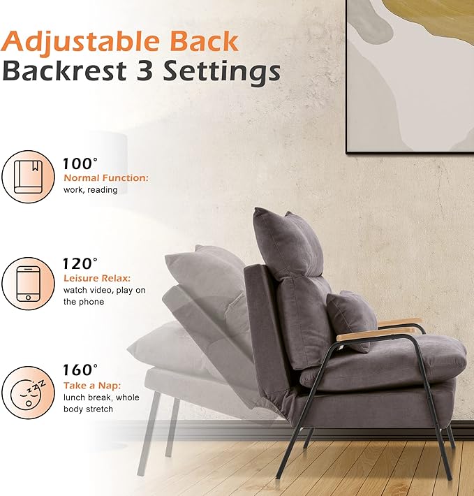 MCombo Accent Recliner Chair with Ottoman, Modern Fabric Armchair, Upholstered Sofa Bed for Living Room Bedroom, Small Space 4055 (Black Frame, Grey)
