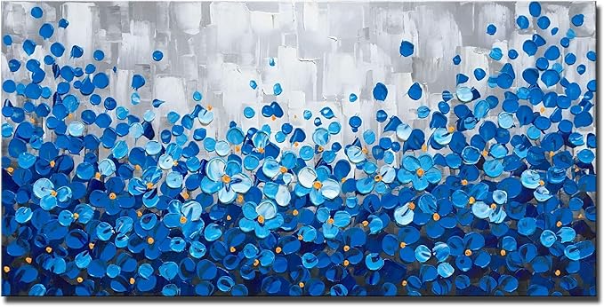 MyArton Textured Blue Flowers Canvas Wall Art Hand Painted Modern Decoration Oil Painting Picture Framed Ready to Hang 48x24inch