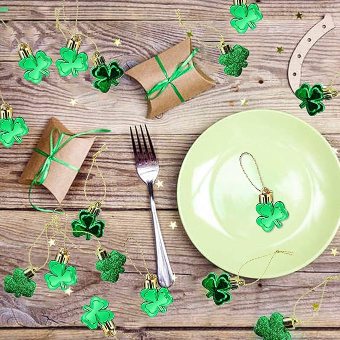 30 PCS St. Patrick's Day Shamrocks Ornament Set, Good Luck Clover Hanging Bauble Trefoil Pendant Decoration for Keyring Tree Shelf Home Decor Irish Festival, 3 Style
