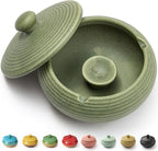 Ashtray with Lid for Outside Patio, Windproof Ash tray, Ceramic Smokeless Ashtray for Outdoor Home Office Tabletop Patio Outdoor Balcony, Dark Green