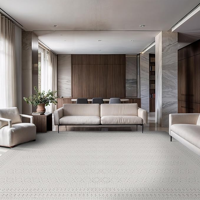 Micro Loop Indoor Rug White 8x10 Boho Geometric Neutral Area Rugs for Living Room Soft Luxury Modern Low and High Pile Durable Stain Resistant Non-Shedding Indoor Area Carpet 8 x 10