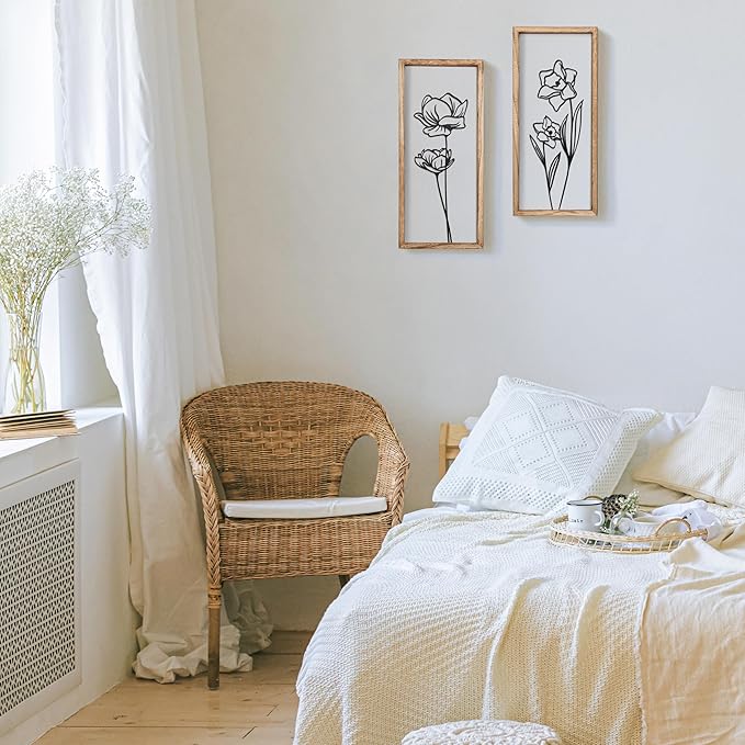 3D Black and White Wall Art (Set of 2) Lightweight, Wooden Ready-to-Hang Framed Floral Wall Art for Bathroom, Bedroom, Living Room or Office – Boho Botanical Farmhouse Decor – Gift-Boxed