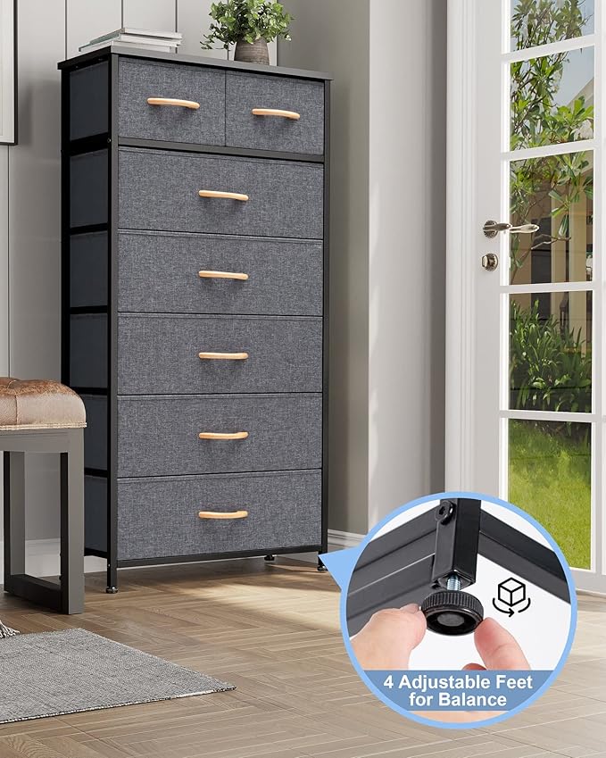 Crestlive Products Vertical Dresser Storage Tower - Sturdy Steel Frame, Wood Top, Easy Pull Fabric Bins, Wood Handles - Organizer Unit for Bedroom, Hallway, Entryway, Closets - 7 Drawers (Grey)
