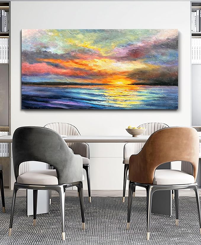 Art Hand-Painted Sea Sunset Landscape Modern Abstract Oil Painting on Canvas Art Hall Bedroom Office Wall Decoration 24x48 Inches