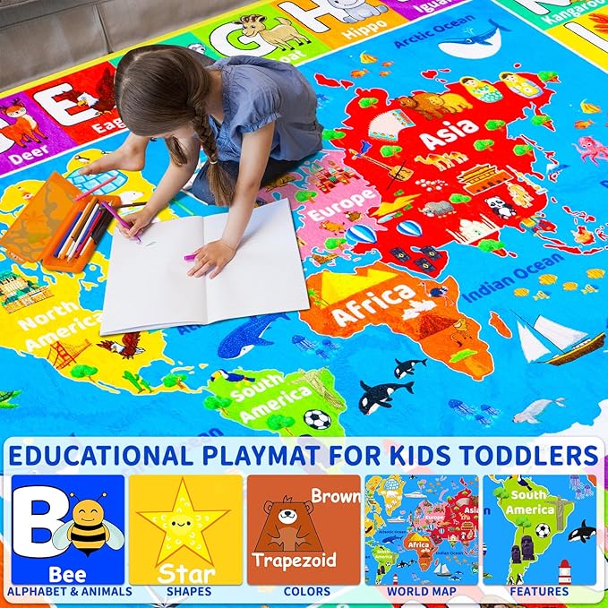 World Map ABC Kid Rug for Playroom Geography 59"×39.4" Classroom Play Rug Educational Baby Playmat Alphabet Rug for Primary School Fluffy Ployester Non-Slip Preschool Rug for Nursery Room